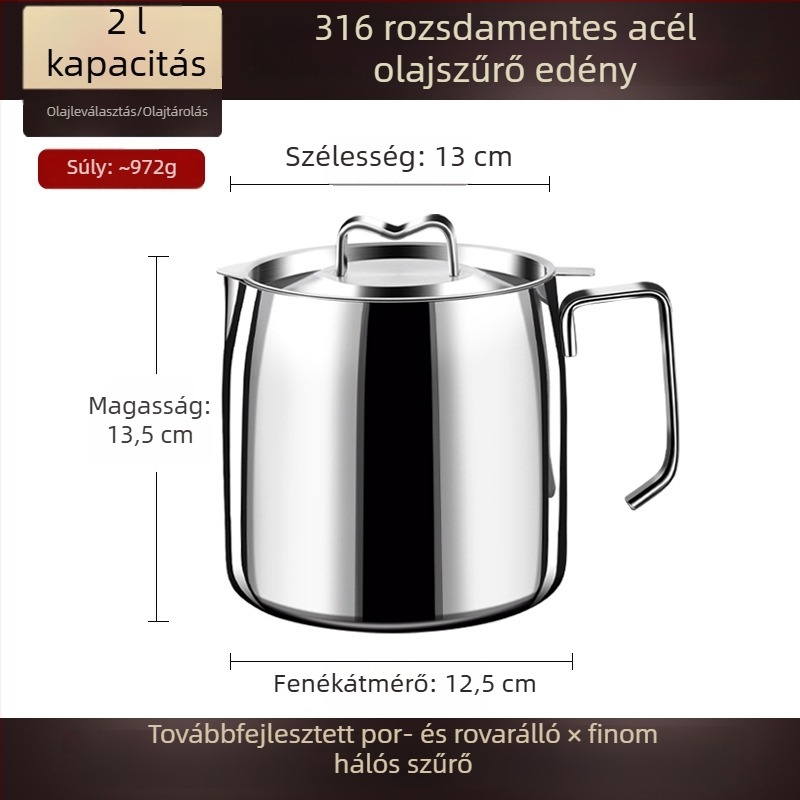 316 rozsdamentes acél olajtartó edény fedővel, tároló és szűrő a konyhai zsírrészecskékhez
