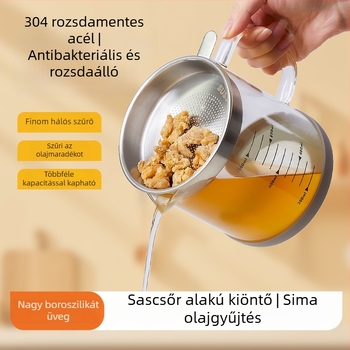 Magas hőállóságú boroszilikát üvegből készült olajtartó rozsdamentes acél szűrővel és szitával