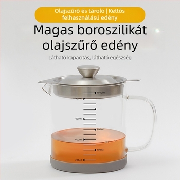 Magas hőállóságú boroszilikát üvegből készült olajtartó rozsdamentes acél szűrővel és szitával