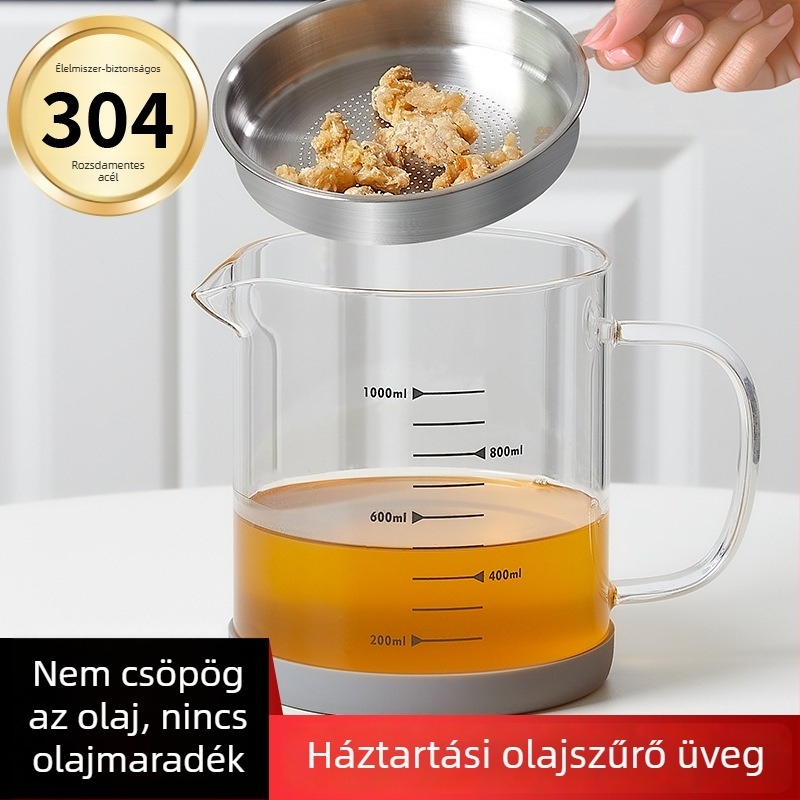 Magas hőállóságú boroszilikát üvegből készült olajtartó rozsdamentes acél szűrővel és szitával