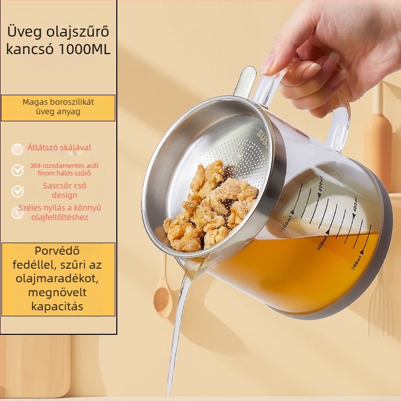 Magas hőállóságú boroszilikát üvegből készült olajtartó rozsdamentes acél szűrővel és szitával