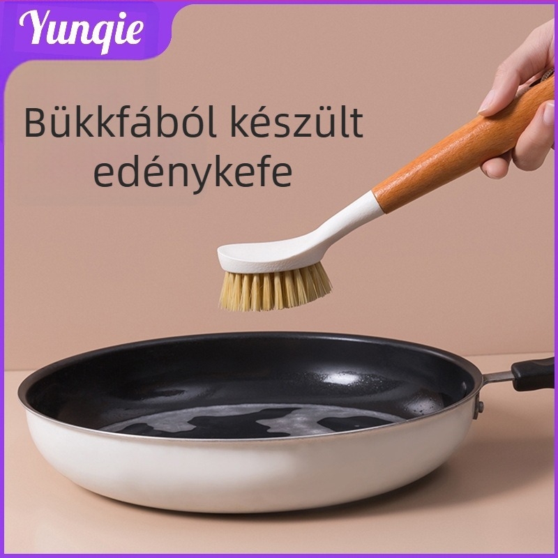 Hosszú nyélű tisztító ecset serpenyők és tálak számára, bükkfa nyéllel, akasztható, zsírtalanít és eltávolítja a szennyeződéseket