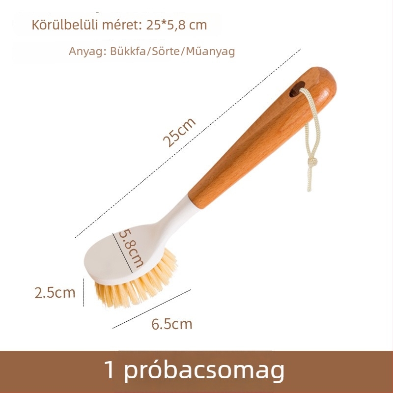 Hosszú nyélű tisztító ecset serpenyők és tálak számára, bükkfa nyéllel, akasztható, zsírtalanít és eltávolítja a szennyeződéseket