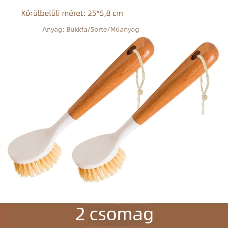 Hosszú nyélű tisztító ecset serpenyők és tálak számára, bükkfa nyéllel, akasztható, zsírtalanít és eltávolítja a szennyeződéseket