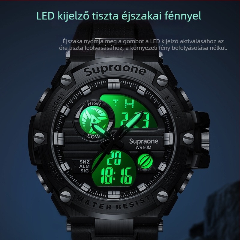 Supraone Férfiaknak szánt sportos elektronikus karóra világító kijelzővel, 50 m-es vízállósággal, stopperrel, ébresztővel és óránkénti hangjelzéssel