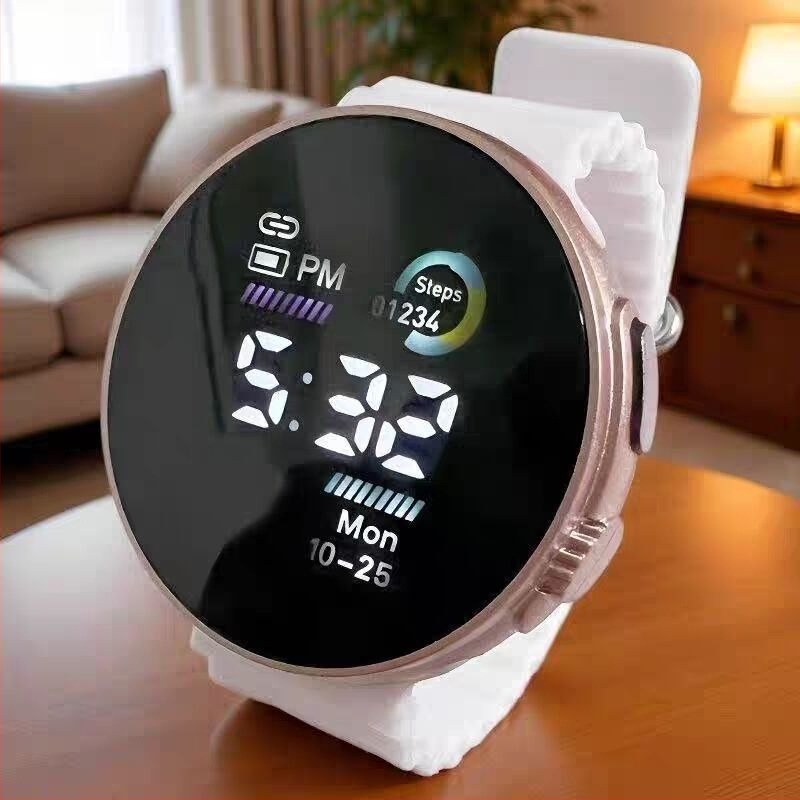 Tinédzser diák digitális óra, uniszex sportos stílus, kerek 36–40 mm számlap, szilikon szíj, műanyag tokozás, napenergia-meghajtás