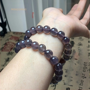 Természetes lila chalcedon karkötő jégfényű áttetsző füstös lila achát gyöngyökkel