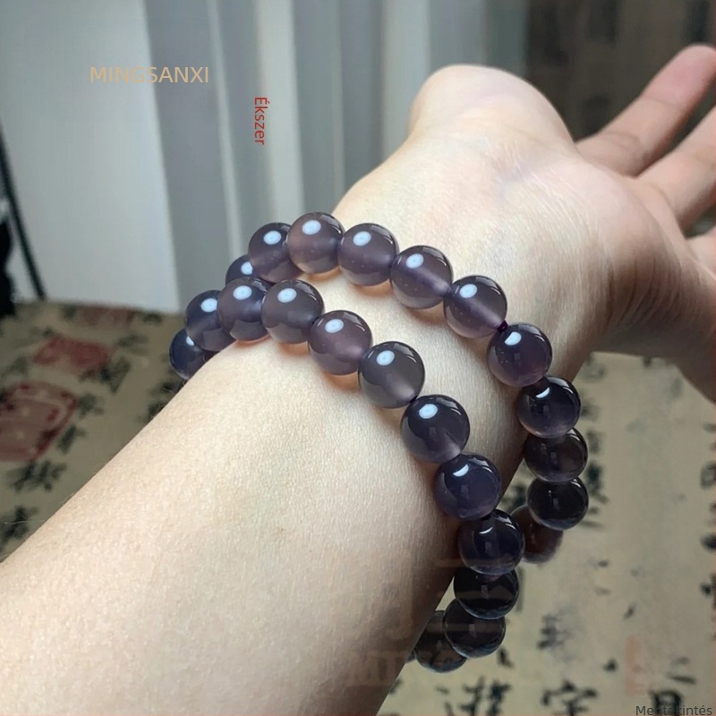 Természetes lila chalcedon karkötő jégfényű áttetsző füstös lila achát gyöngyökkel