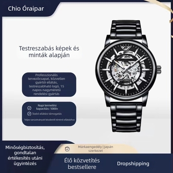 Férfi automata skeleton karóra, fekete tokkal, lumineszkáló, 30 m vízálló, rozsdamentes acél karkötő, 42 mm átmérő