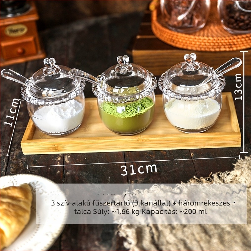 Otthoni használatra tervezett minimalist stílusú üveg fűszertartó készlet, átlátszó só-, cukor- és MSG-tárolók, konyhai fűszerkészlet
