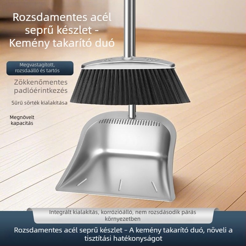 Rozsdamentes acél söpörő- és porlapát készlet, két részes, nagy méretű padlótisztításhoz