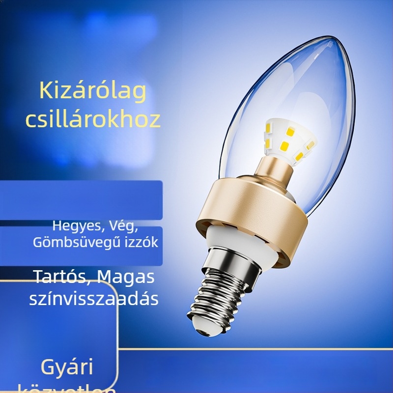 Üveg borítású LED gyertyavilágító izzó, E14/E27 menetes alap, hegyes farokkal, kristálycsillárhoz