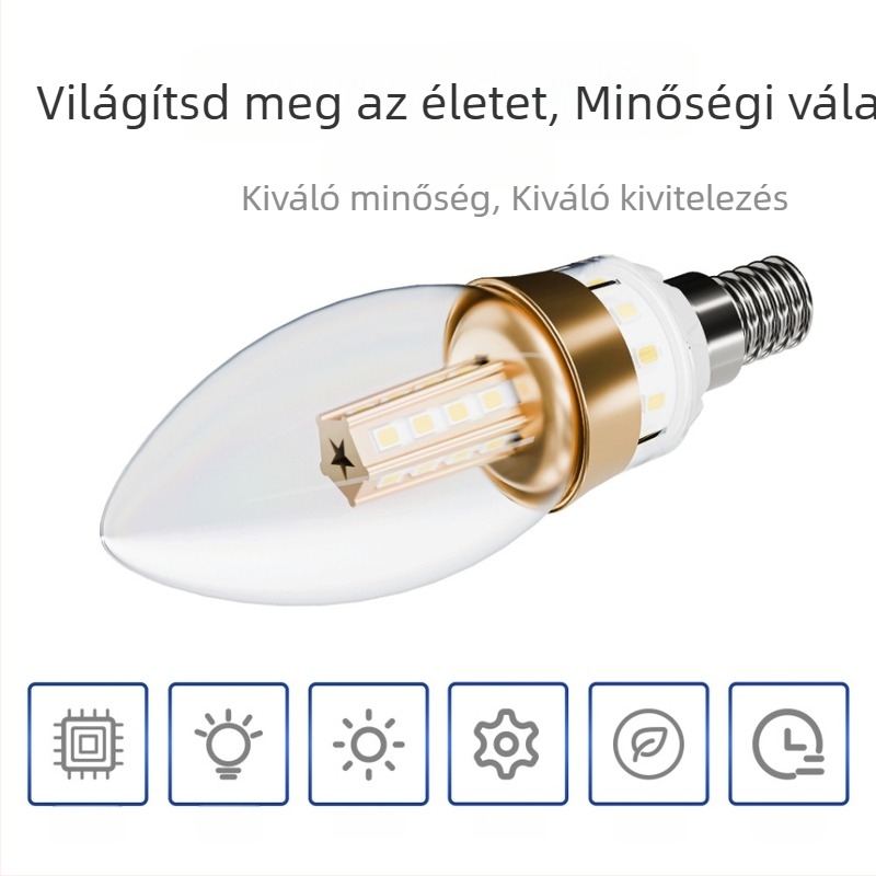 Üveg borítású LED gyertyavilágító izzó, E14/E27 menetes alap, hegyes farokkal, kristálycsillárhoz