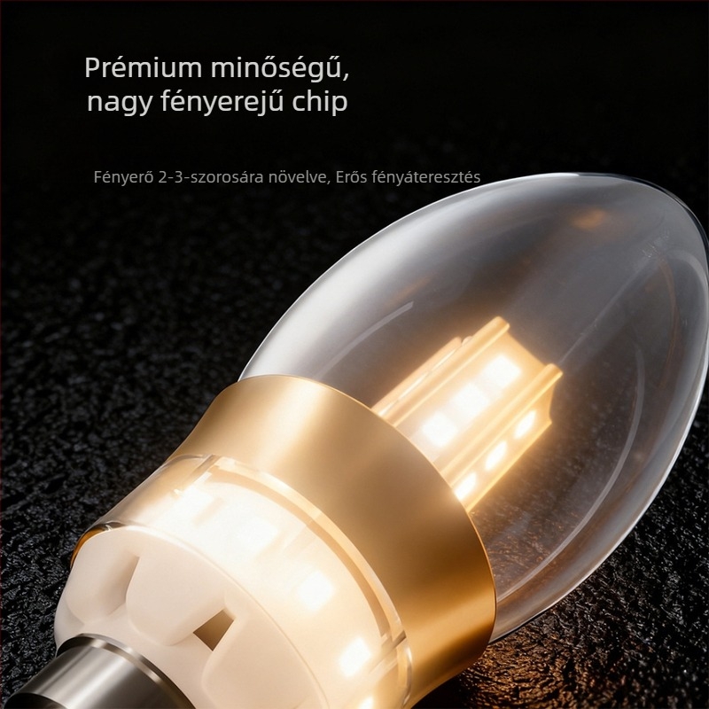 Üveg borítású LED gyertyavilágító izzó, E14/E27 menetes alap, hegyes farokkal, kristálycsillárhoz