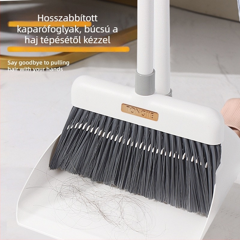 Ház körüli tisztításra szolgáló seprű- és lapátkészlet belső használatra, hosszabbított nyéllel és puha sörtékkel