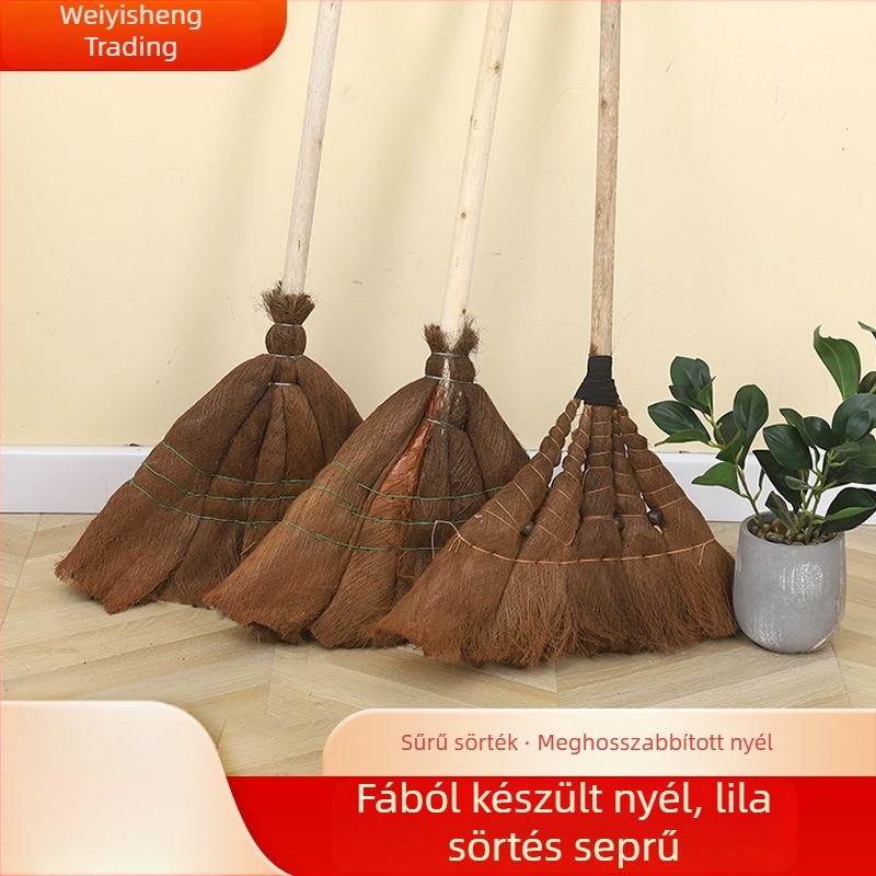 Fából készült nyélű háztartási seprű lófarok szőrrel, barna, hosszított nyéllel