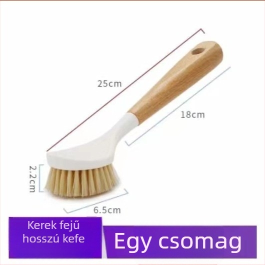 Hosszú nyelű tisztító kefe tepsikhez, lábasokhoz és tányérokhoz, fa nyéllel, multifunkcionális