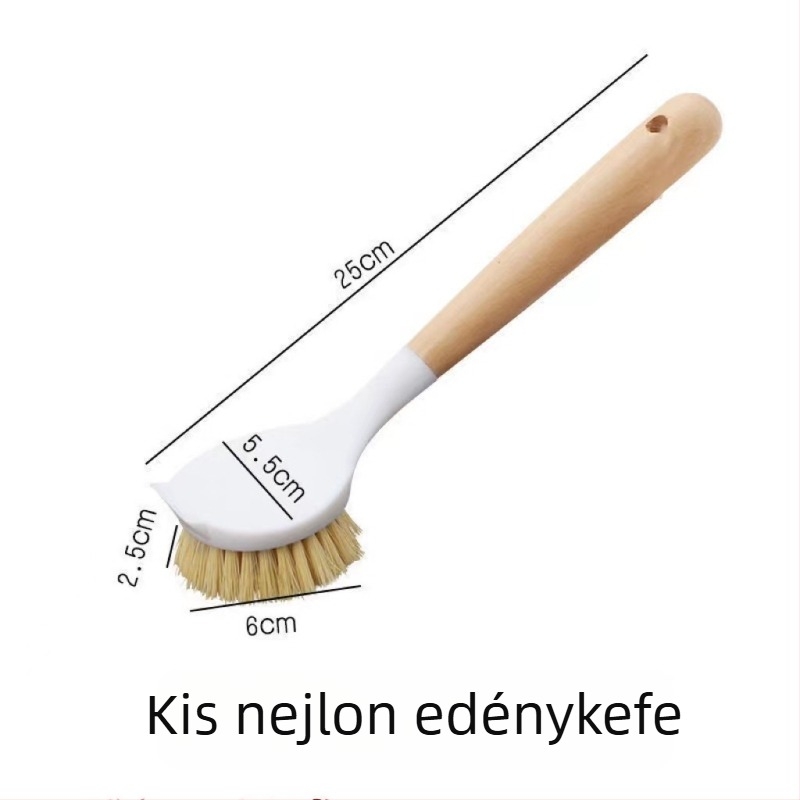 Hosszú nyelű tisztító kefe tepsikhez, lábasokhoz és tányérokhoz, fa nyéllel, multifunkcionális