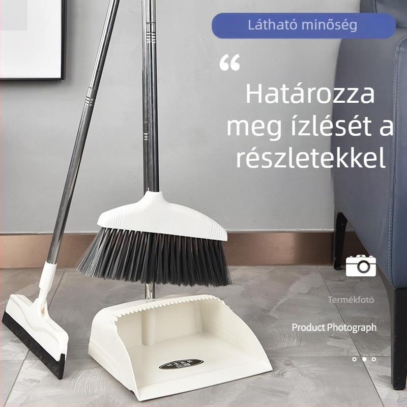 Háztartási seprű és por-törlő lapát készlet, 2 darabos, megerősített nyél, tapadásmentes, hálószoba