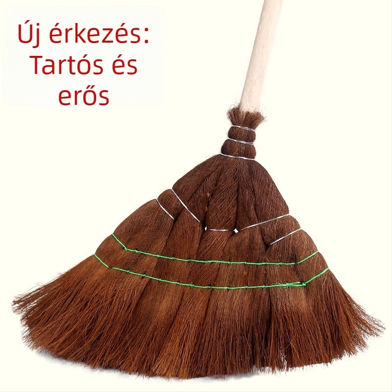 Barna sörtés seprű hagyományos fa nyéllel, tartós otthoni és raktári használatra