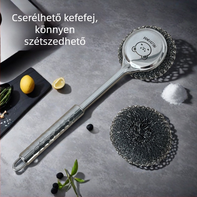 Hosszú nyelű rozsdamentes acél huzalos tisztítóecset serpenyők zsírtalanítására, konyhai, levehető, többfunkciós.