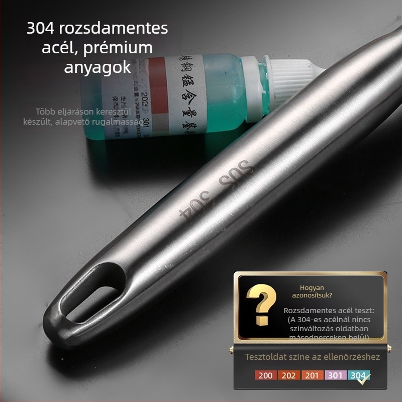 304 rozsdamentes acél edénytisztító kefe, nagy acélhuzal golyóval és rugós huzallal, hosszú nyéllel