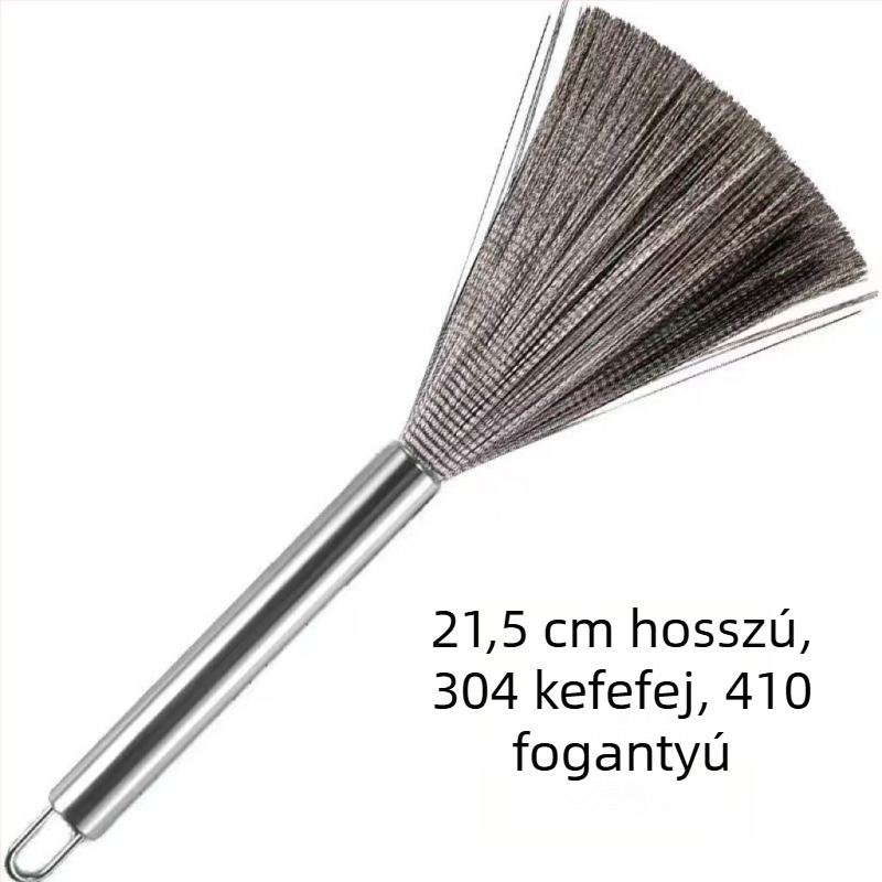 304 rozsdamentes acél edénytisztító kefe, nagy acélhuzal golyóval és rugós huzallal, hosszú nyéllel