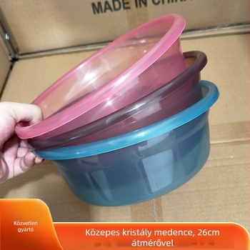 Közepes méretű, átlátszó műanyag mosóedény háztartási használatra – zöldségek tisztítása, ruhák mosása és gyermekek lábainak fürdetése.