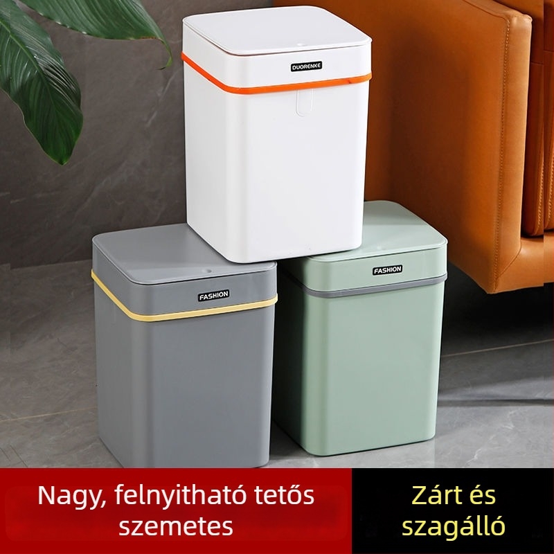 Négyzet alakú fürdőszobai szemetes nyomógombos fedéllel, ideális nappaliba, fürdőszobába és irodába