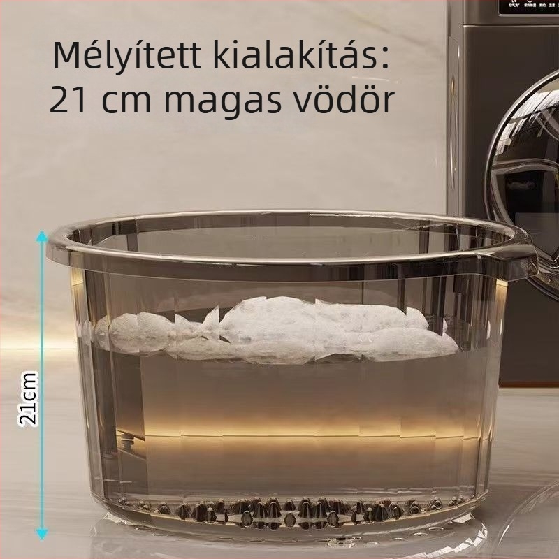 Nagy átlátszó műanyag mosóedény, vastított és mélyített kivitelben, otthoni használatra, diákok számára, lábáztatós kád