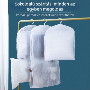 Kültéri párnák és plüssjátékok szárítóállványa szélvédett balkonnal és hálós táskával