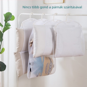 Kültéri párnák és plüssjátékok szárítóállványa szélvédett balkonnal és hálós táskával