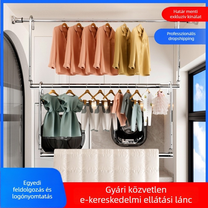 Teleszkópos rozsdamentes acél ruhaszárító rúd otthoni erkélyre, állítható ruhaszárító, fúrás nélkül