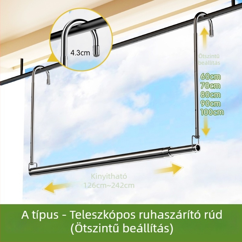 Teleszkópos rozsdamentes acél ruhaszárító rúd otthoni erkélyre, állítható ruhaszárító, fúrás nélkül