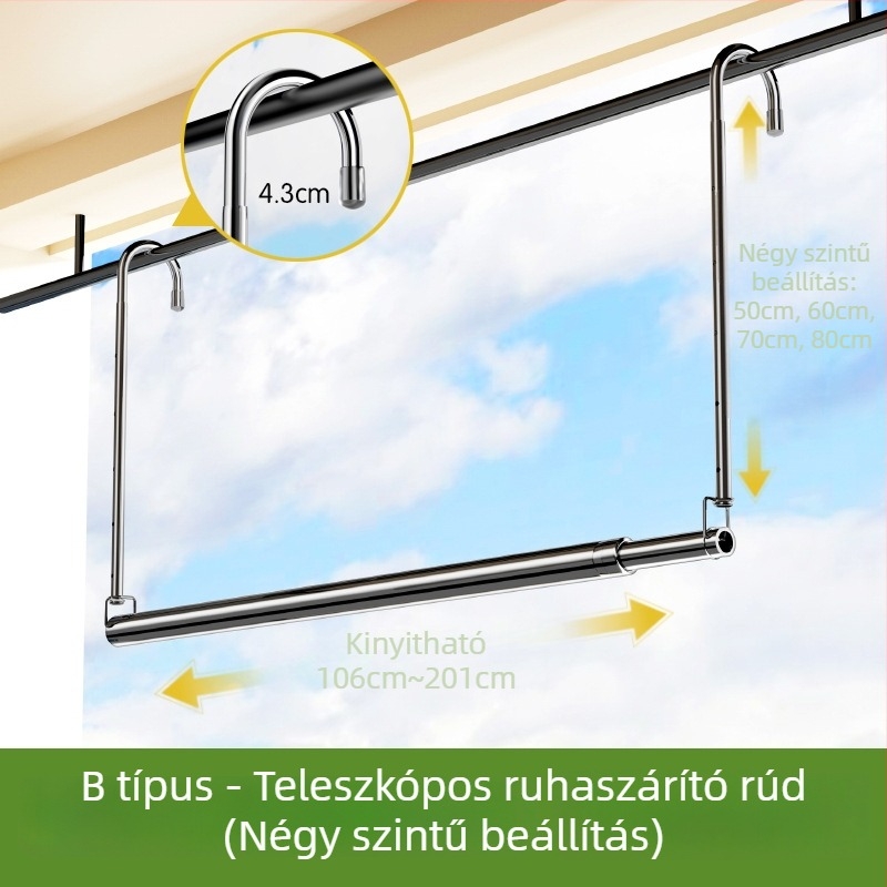 Teleszkópos rozsdamentes acél ruhaszárító rúd otthoni erkélyre, állítható ruhaszárító, fúrás nélkül