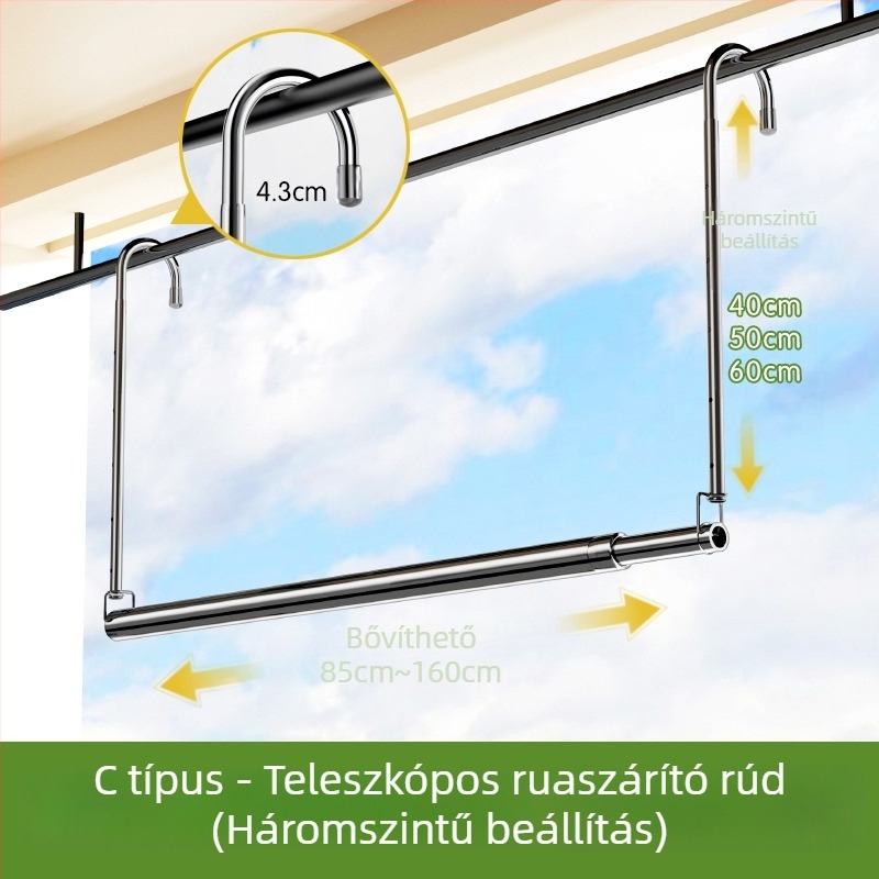 Teleszkópos rozsdamentes acél ruhaszárító rúd otthoni erkélyre, állítható ruhaszárító, fúrás nélkül