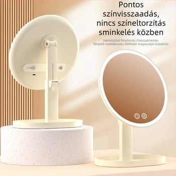 LED világítású sminktükör állítható asztali tartóval, kézben tartható kör tükör, prémium megjelenés