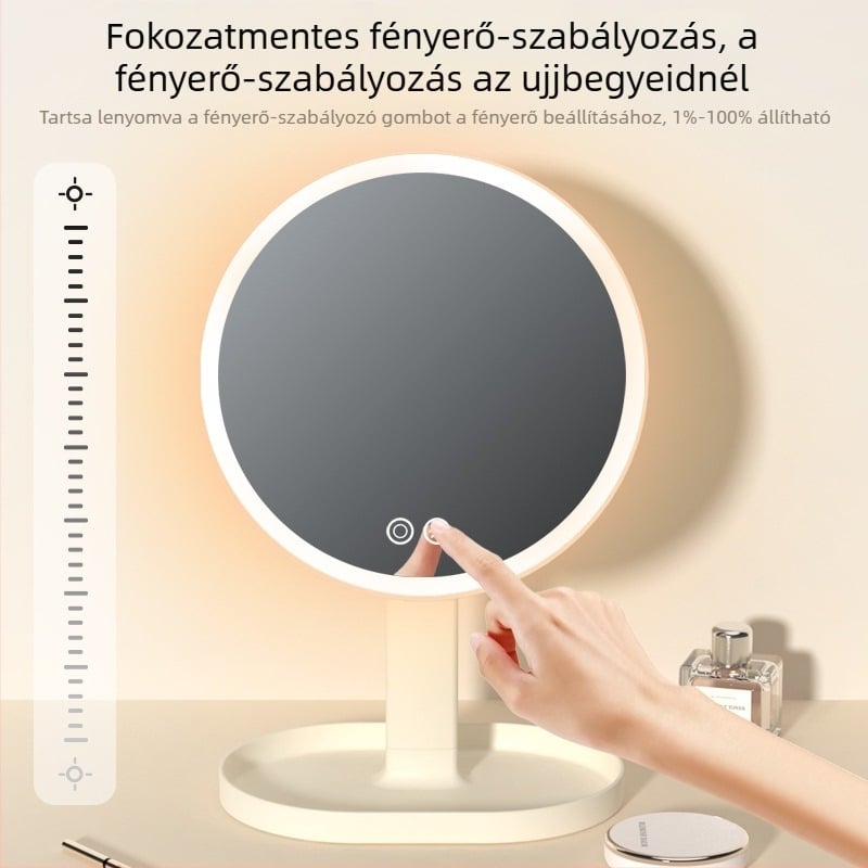 LED világítású sminktükör állítható asztali tartóval, kézben tartható kör tükör, prémium megjelenés