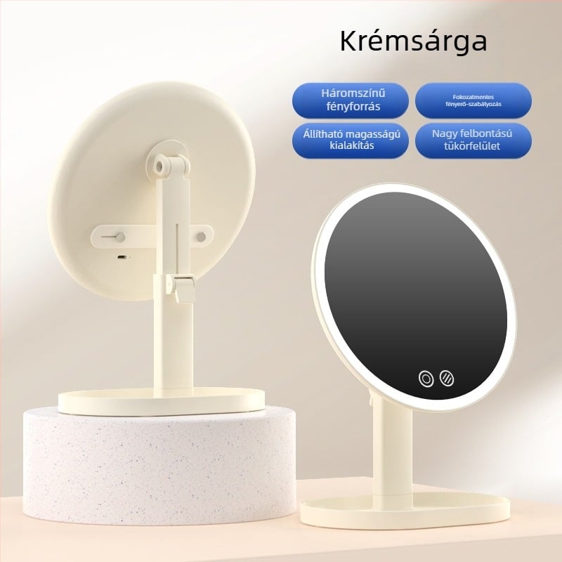 LED világítású sminktükör állítható asztali tartóval, kézben tartható kör tükör, prémium megjelenés