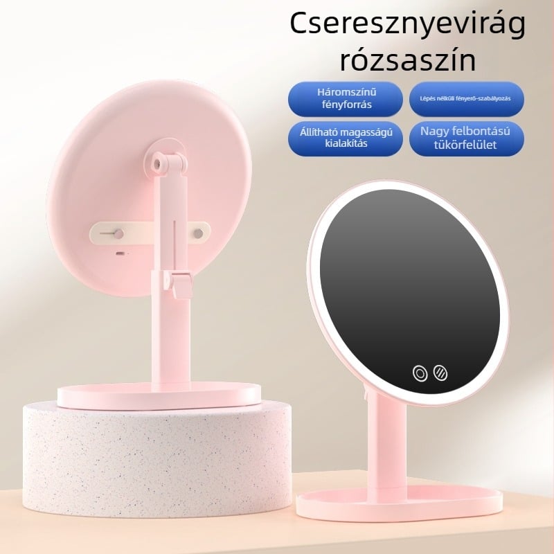 LED világítású sminktükör állítható asztali tartóval, kézben tartható kör tükör, prémium megjelenés