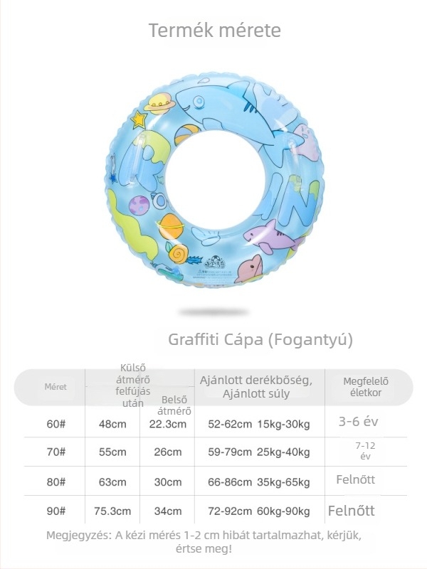 Cápaszerű úszógumi gyermekeknek és felnőtteknek, felfújható vízi játék, 60-80 cm