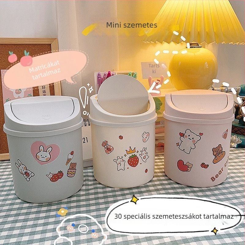 Asztali mini szemetes, fedővel, otthonra és kis irodába, skandináv stílusú tároló doboz.