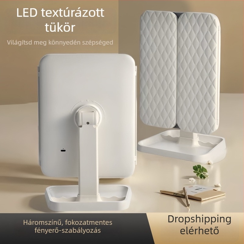 Három oldalról összecsukható LED sminktükör háromszínű világítással, érintésérzékelős, újratölthető, 180 fokos forgás