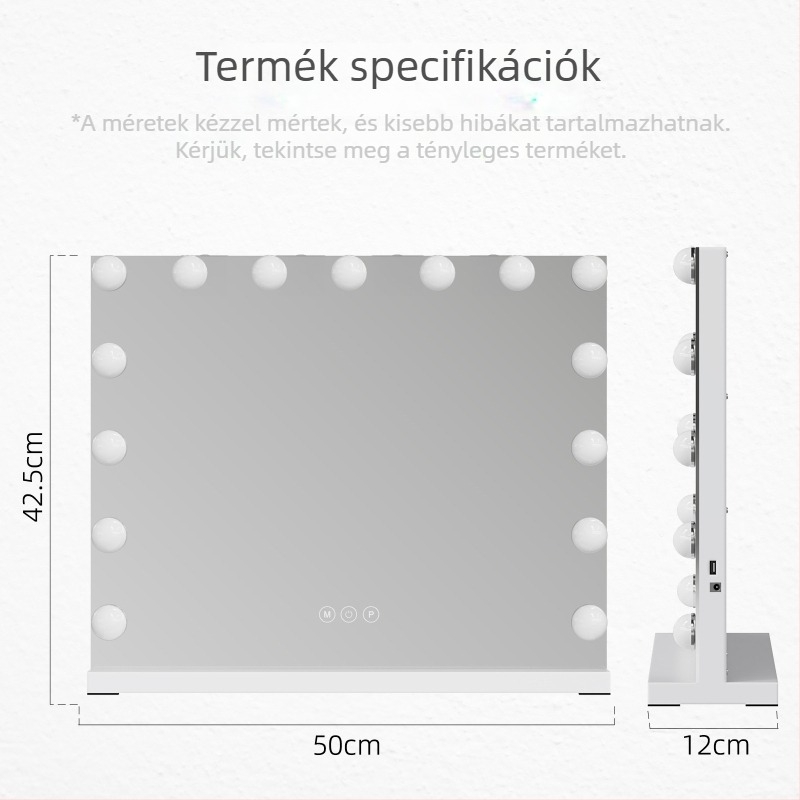 Négyzet alakú LED sminktükör 14 LED-del, Hollywood kovácsoltvas kerettel, európai stílusú, asztali okos tükör világítással