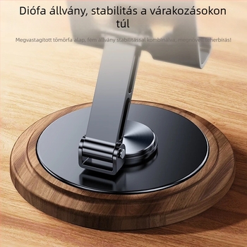 Fém phablet-tartó forgó asztali alappal, nehéz diófa mintázatú, élő közvetítéshez