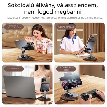 Fém phablet-tartó forgó asztali alappal, nehéz diófa mintázatú, élő közvetítéshez