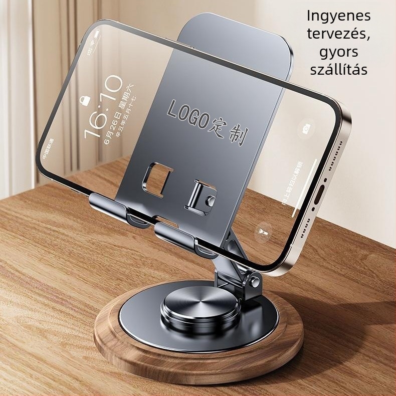 Fém phablet-tartó forgó asztali alappal, nehéz diófa mintázatú, élő közvetítéshez
