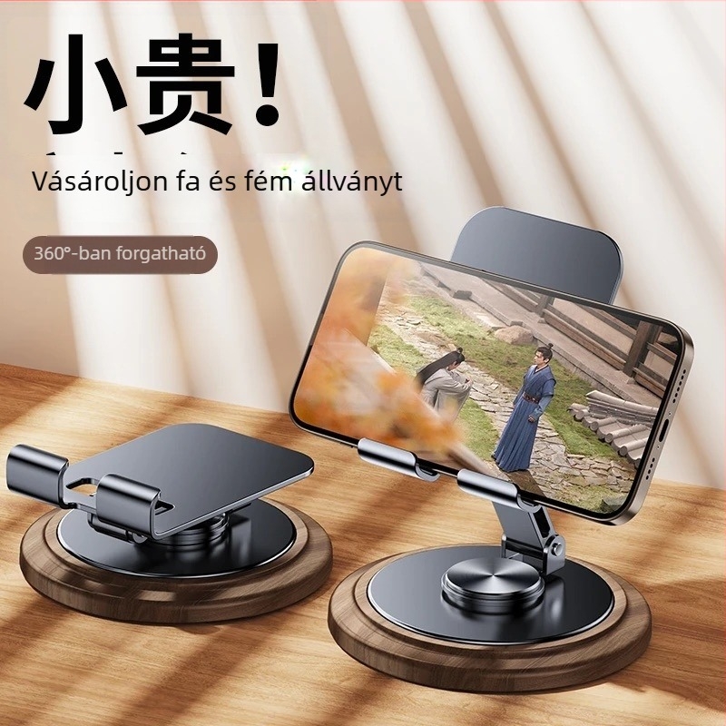 Fém phablet-tartó forgó asztali alappal, nehéz diófa mintázatú, élő közvetítéshez