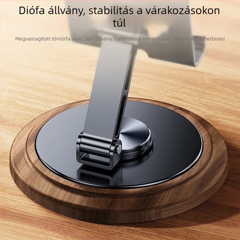 Fém phablet-tartó forgó asztali alappal, nehéz diófa mintázatú, élő közvetítéshez