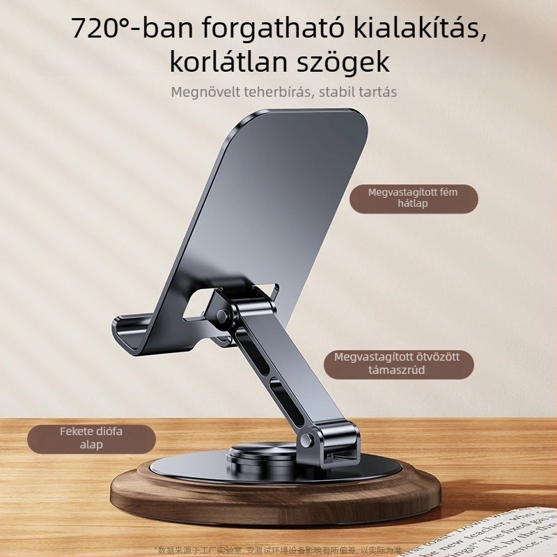 Fém phablet-tartó forgó asztali alappal, nehéz diófa mintázatú, élő közvetítéshez